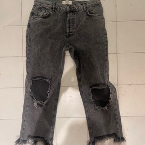 NWT WE THE FREE PEOPLE BLACK DISTRESSED FRINGE DENIM PANTS  WIDE LEGS SIZE 30